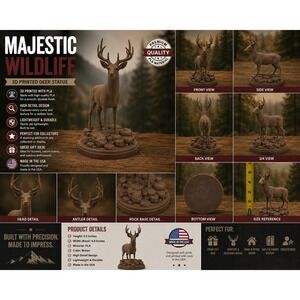 Majestic Wildlife 3D Printed Deer Statue Brown Buck Figurine 5 Inch Made in USA